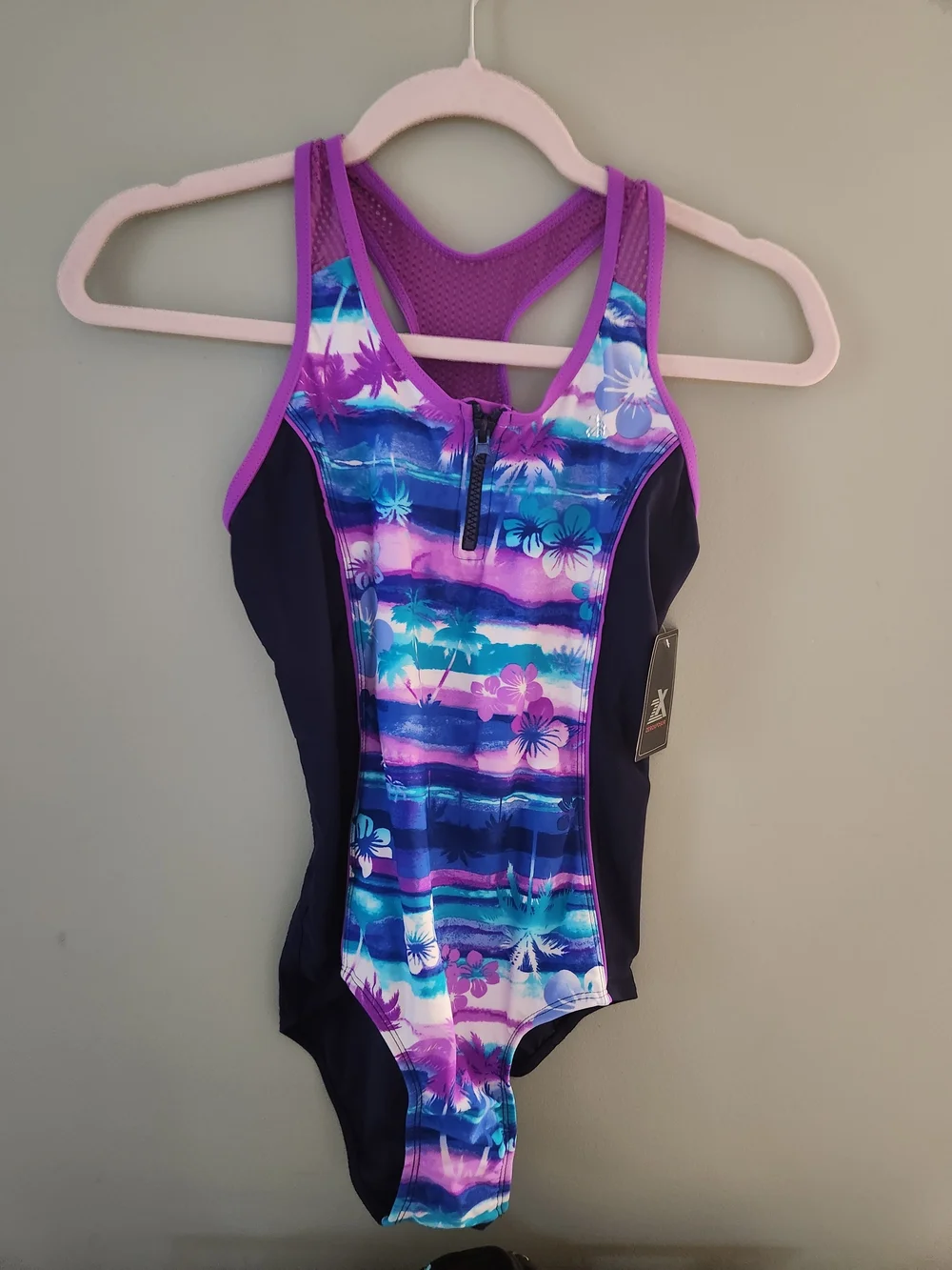 ZeroXposur Girls Navy & Purple Tropical One-Piece Swimsuit with Front Zip
